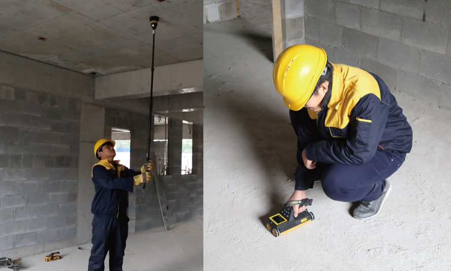连接发射探头与延长杆，将发射探头顶到被测楼板的底部，固定不动，主机放于被测楼板顶部，进入测量界面开始测量